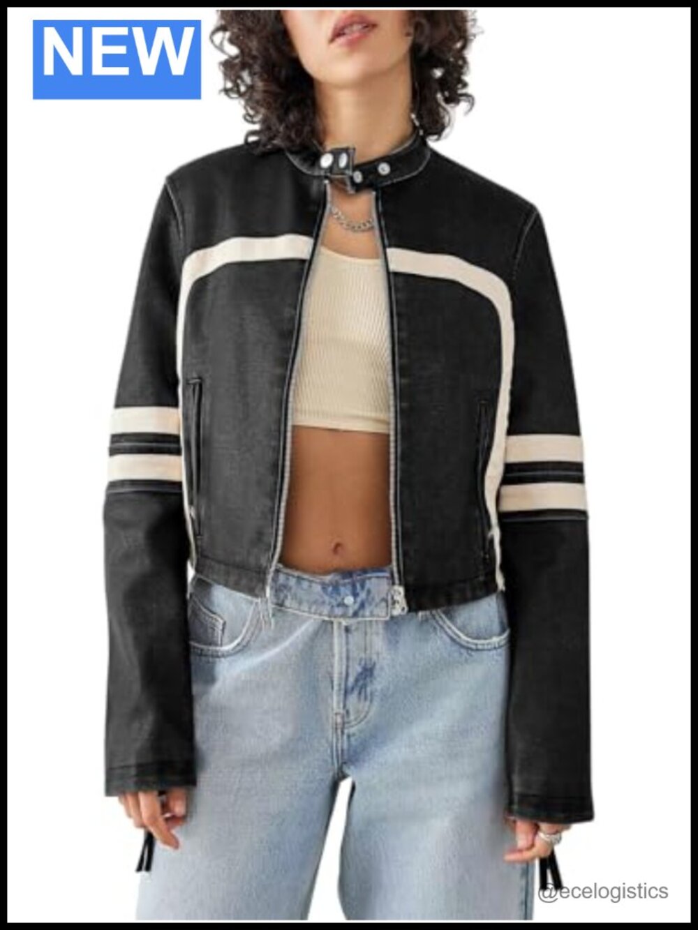 Women's Faux Leather Cropped Moto Jacket Striped Stitching Casual